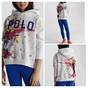 POLO RALPH LAUREN 6Y CROPPED SWEATSHIRT  Paint-Splatter Fleece Hoodie Spell Out‎